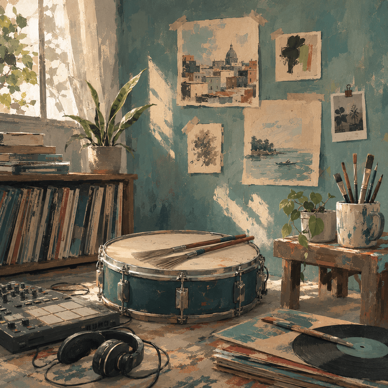A tactile studio scene with records, instruments, books, and artwork